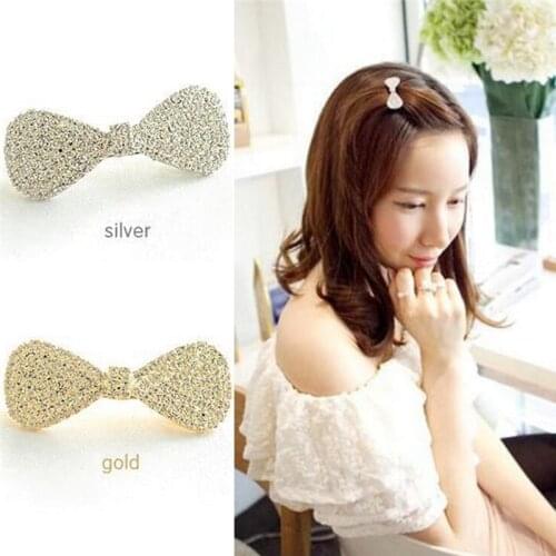 Fashion Crystal Rhinestone Bowknot Barrette Hair Clip Clamp Silver Gold Color Hairpin For Girls Hair Style Tool