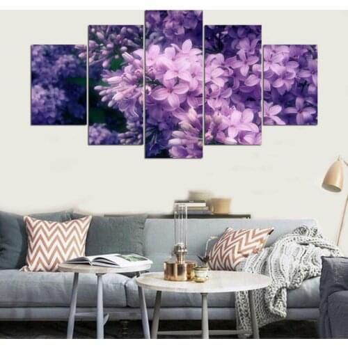 Wall Art Pictures Modern Home Decoration 5 Panel Purple Flower Living Room Canvas HD Print Painting Modular Poster(No Frame)