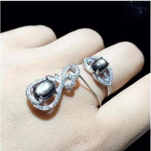 Natural sapphire jewelry set Natural Real star sapphire 925 sterling silver 1pc pendant,1pc ring