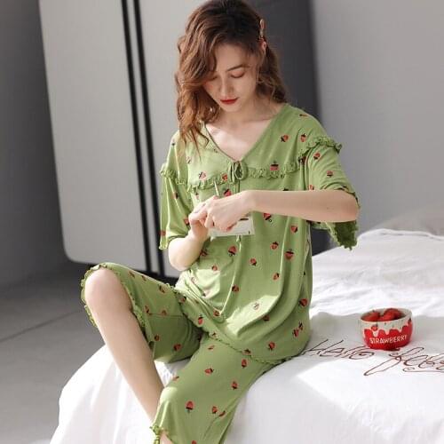 M-3XL Plus Size Modal Sleepwear Elegant Short Sleeve Cropped Trousers Pajamas Women Summer Nightwear Suit Female Pijama Set