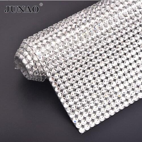JUNAO 24*40cm Hotfix Clear AB 2088 Glass Rhinestone Mesh Trim Crystal Fabric Sheets Glass Strass Tape Iron On Clothes Patches
