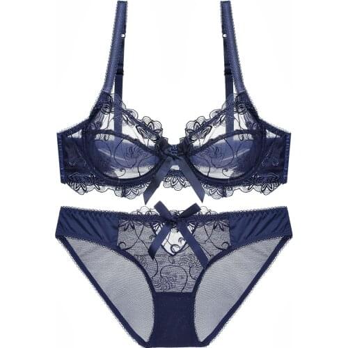 Plus Size Classic Bra&Panties Set Lingerie Brassiere Lace Bow Transparent Brife Underwear Set Sexy Embroidery for Girl Gift