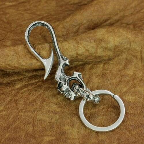 Fish Hook Skull KeyRing 925 Sterling Silver Mens Rock Punk Keychain Belt Clip TA206