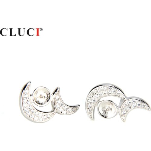CLUCI 925 Sterling Silver Double Moon Shaped Earrings For Women Luxury Pearl Earrings Mounting Silver 925 Stud Earrings SE043SB