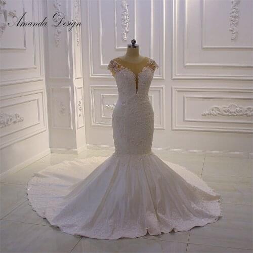 Amanda Design brautkleider hochzeitskleid Cap Sleeve Lace Applique Pearls Mermaid Wedding Dress