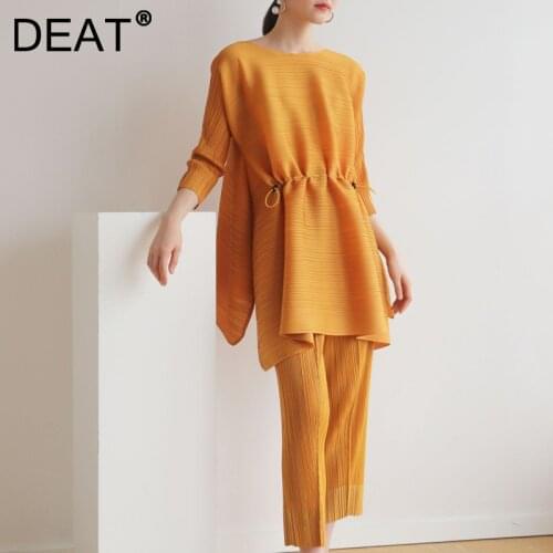 DEAT Woman Pleated T Shirt Drawstring Solid Round Collar Seven Sleeve Loose Tops Casual Style 2021 New Summer Fashion 15XM533