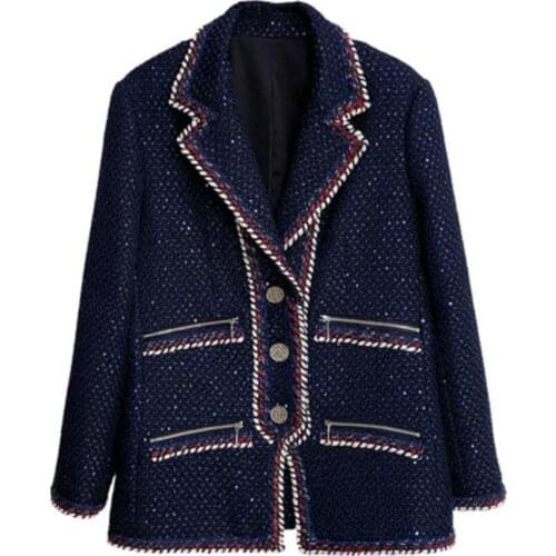 Vintage small fragrance tweed jacket women single breasted autumn winter woolen jacket