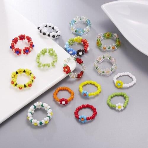 15 Style Korean Colorful Bohemia Small Flower Ring Handmade Multi Beaded Rice Beads Ring For Women Beach Jewelry Gifts