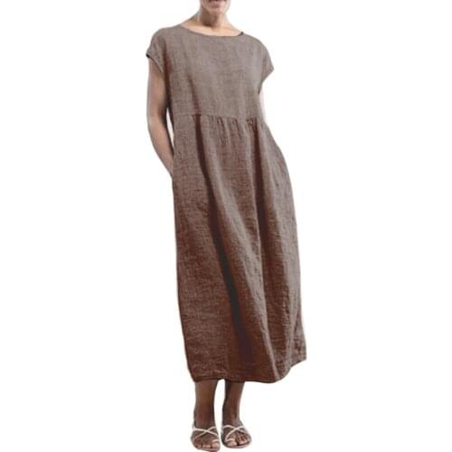 Casual Women Summer Solid Color Short Sleeve Baggy Beach Shift Kaftan Midi Dress 2020 new