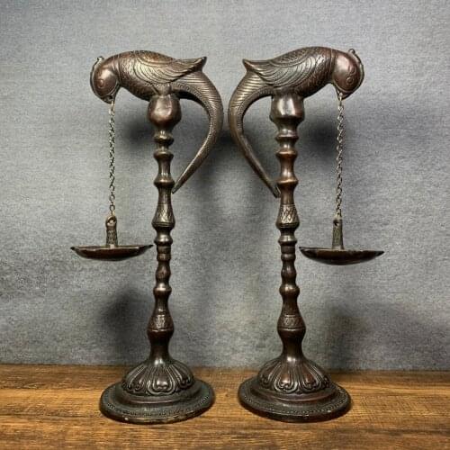 10"Chinese temple collection Old Bronze Cinnabar Lacquer Parrot statue Mouth Oil lamp A pair Wax table Ornaments Town House