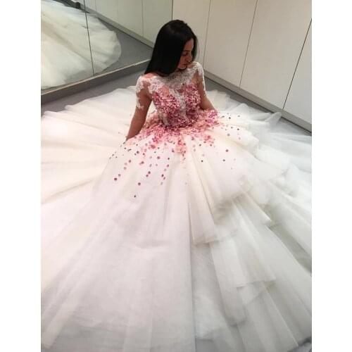 2016 Vestido De Novia Floral Handmade FLowers Robe De Mariage Ball Gown Illusion Long Sleeves Tiered Skirt Wedding Dresses