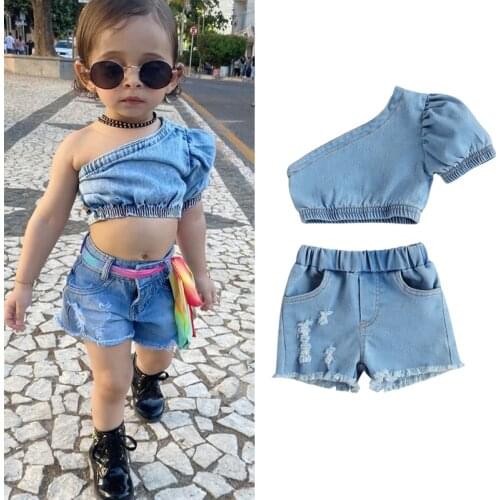 2021 Summer Fashion Kids Baby Girls Clothes Sets Blue Denim One Shoulder Short Sleeve T Shirts Shorts Trousers