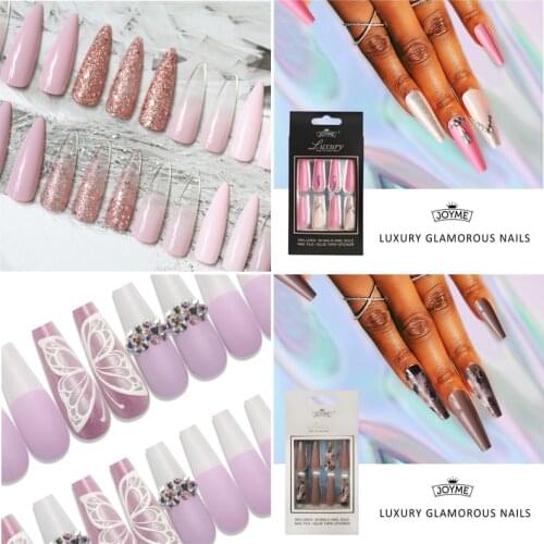30Pcs/Box Long Detachable Acrylic Fake Nails Glossy Sequins Rhinestones Capsule Nail Ballerina Almond Full Cover Manicure Tips