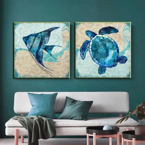 Abstract Blue Animal Poster Tortoise Fish Oil Painting Prints On Canvas Wall Art Living Room Home Decorative Picture Cuadros