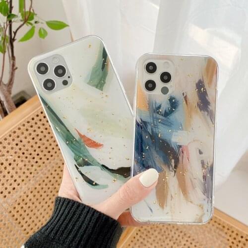 Shining Gold Foil For iPhone 12 Mini 12 11 Pro X XR XS Max 7 8 Plus SE 2 Phone Case Luxury Art Graffiti Watercolor Soft TPU Case