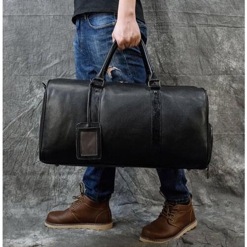 Large 55cm Luggage Totes 100% Genuine Leather Business Black Mens Travel Bag
