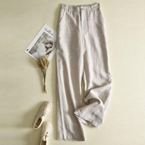 Korean style pants traf thin section solid color casual loose cotton linen pants women drape high waist straight trousers women