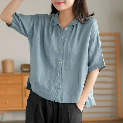 FairyNatural Ladies Vintage Linen Turn Down Collar Shirts Tops 2021 Summer New Female Casual Button Loose Blouses Short Sleeve