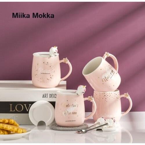 Coffee Mug Cartoon Cute Ceramic Coffee Cup with Lovely Unicorn Spoon Pink Star Print Morning Cup Tea Milk Cup Gift 420ML