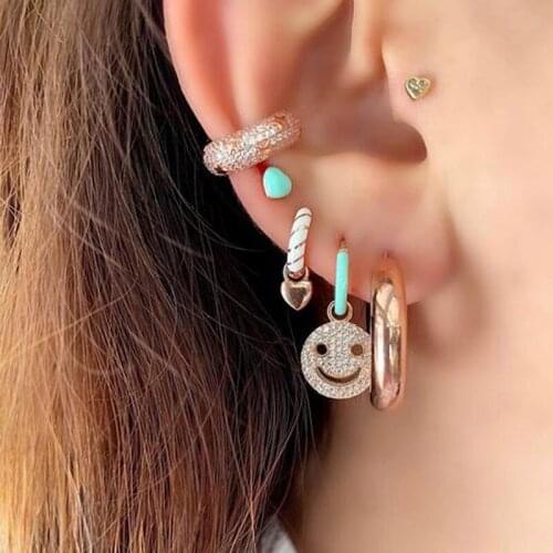 2021 Summer New Design Colorful Fashion Female Girl Jewelry Rose Gold Color Pastel Enamel Smile Happy Face CZ Paved Hoop Earring