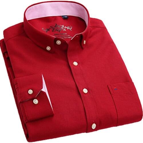 Aoliwen brand men 2020 cotton Oxford Textile casual shirts long sleeve button down pocket red Plaid print Wild for men slim fit