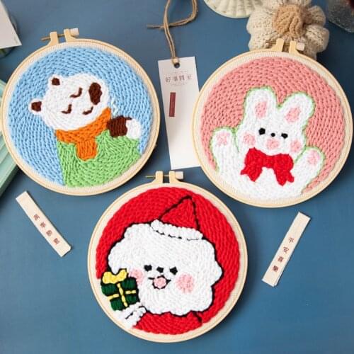 Animal Series Embroidery Kit Poking Embroidery Material Package Cute Patterns Punch Needle Poked Kit DIY Embroidered Supplies