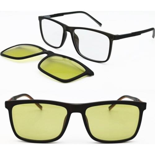 New arrival photo chromatic square prescription eyeglasses with megnatic clip on yellow polarized sunglasses night vision lenses