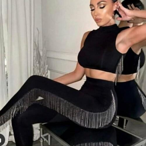 New Fashion 2 Piece Set Women Summer Short Dimond Sleeveless Black Sexy Two Piece Sets Womens Outfits