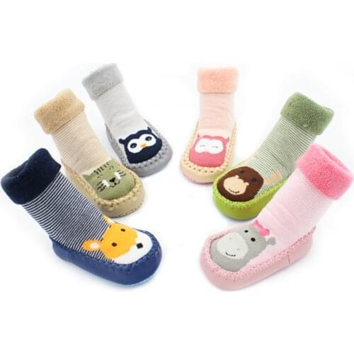 Autumn Winter Baby Shoes Socks Children Infant Cartoon Socks Baby Kids Indoor Floor Socks Leather Sole Non-Slip Thick Socks