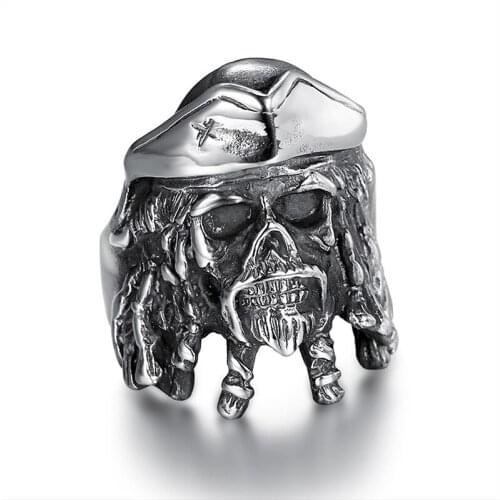Punk Gothic Mens 316L Stainless Steel Captain Jack Skull Ring Biker Jewelry for Male