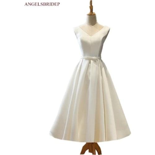 ANGLESBRIDEP Simple V-neck Satin Wedding Dresses Summer Style Vestido De Noiva Mid-Calf Cheap Formal Bride Dresses Wish Sash