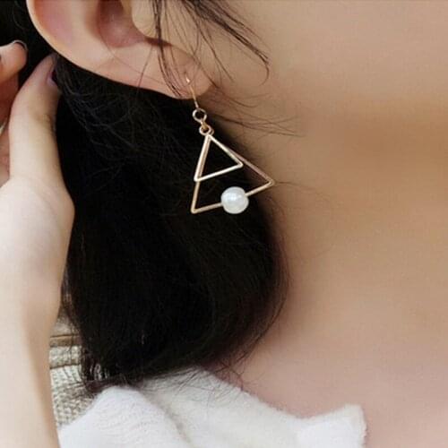 Retro gold color imitation pearls earrings for women fashion double triangular earrings jewelry birthday gift
