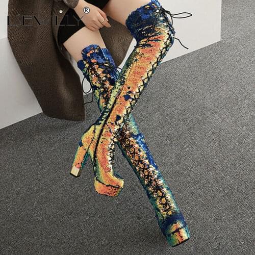 Lsewilly Sequined Boots Platform Bling Bling Over The Knee Boots Side Zipper Straight Boots Stage Shoes Ultra High Heel Silver