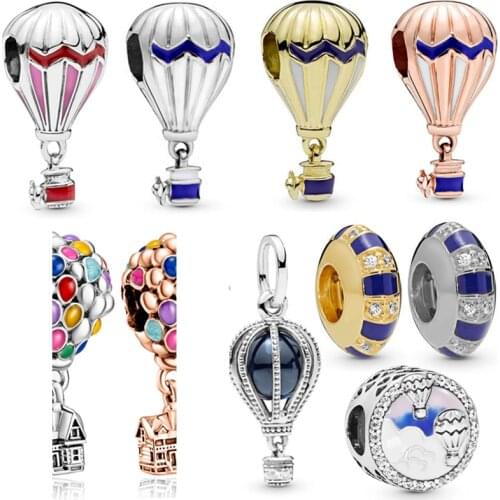 Blue Glaze Travel Hot Air Balloon Pendant Fit Original Pandora Charms Bracelet Women Necklace Dream Fly Beads for Jewelry Making