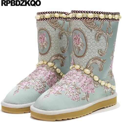 Snow Rhinestone Warm Embroidered Real Fur Embroidery Pearl Boots Australian Designer Shoes Women Luxury 2018 Flower Handmade
