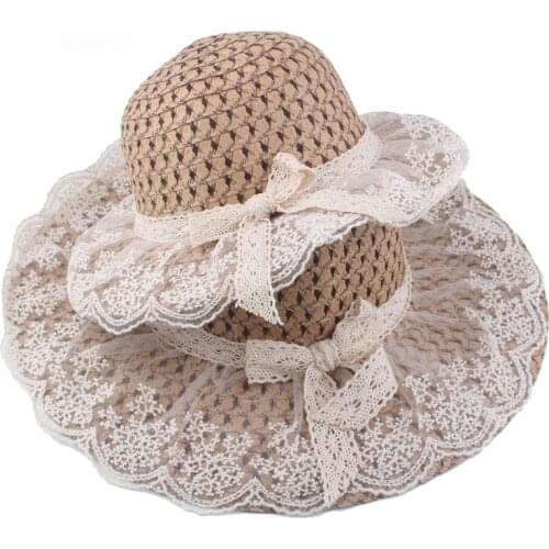 Women Lace Sun Hats For Wide Brim Straw Beach Side Cap Floppy Female Dome Hat Lace Fringe Straw Hat Parent-child Summer Panama