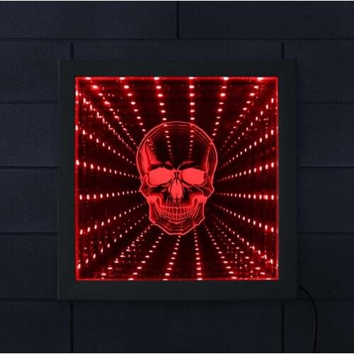 Death Bone Skeleton Tunnel Vision Illuminated Mirror Horror Skull Head Wall Hanging Infinity Mirror Halloween Party Decor Frame