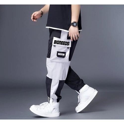 High quality summer men high street cargo pockets pants korea style patchwork pencil pants plus size 7XL dance thin letter pants