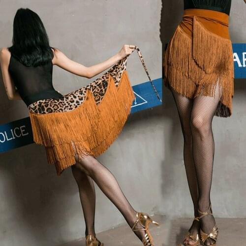 Leopard Print Latin Dance Tassel Skirt Women New Adult Modern Dance Hip Scarf Cha Cha Dance Skirt Rumba National Standard Skirt