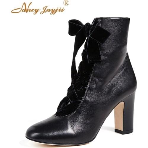 Black Ankle Boots Woman Shoes Zipper Side Square Heel Round Toe Heel Dress Autumn 2021 Female Cross-tied Lace-up Classic