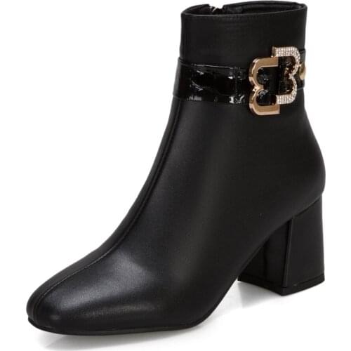 Metal Decorative Square Toe Cow Leather Rhinestone Womens Boots Thick Heel Ankle Lace Side Zipper Cowhide Ankle Boots