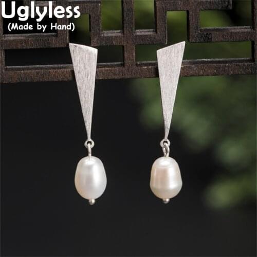 Uglyless Simple Geometric Triangle Studs Earrings for Women Natural Pearls Earrings 925 Sterling Silver Brincos Elegant Jewelry