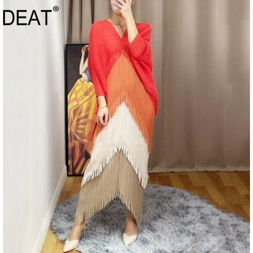DEAT Pleated Dress Woman Hit Color Tassel Batwing Sleeve Loose Casual Style V Collar Long Dresses 2021 Summer Fashion 15HT036