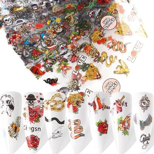 10pcs Snake Nail Stickers Skull Tiger Dragon Butterfly Laser Foil Grid Anime Sticker Rose Animals Design Nails Accessory SADW21