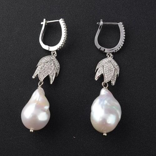 2.2'' 15x24MM White Keshi Pearl CZ Lever Back Earrings