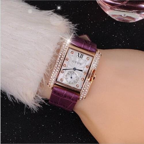 22021 New Arrival Women Calendar Watches Luxury Rhinestone Quartz Watch Dark Blue Dial Genuine Leather Wristwatches GUOU 8037