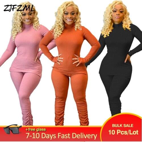 Bulk Items Wholesale Lots Fall Clothes for Women High Necked Full Sleeve Tops+draped Jogger Pant Knitted Two Piece Club Outfit