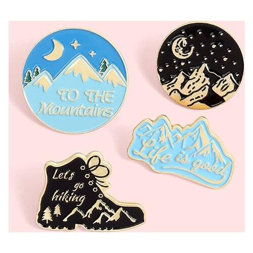Travel night cartoon enamel brooch stars moon mountain river badge pin outdoor travel adventure brooch gift for friends