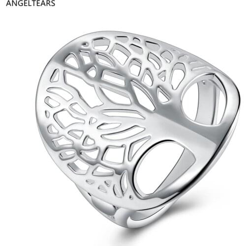 Hot sale Silver color hollow tree of Life finger ring woman fashion party jewelry size 6-9 # Christmas gift anel drop shipping