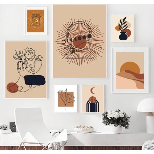 Line Girl Flower Leaf Sand Sun Moon Boho Wall Art Canvas Painting Nordic Posters And Prints Wall Pictures For Living Room Decor